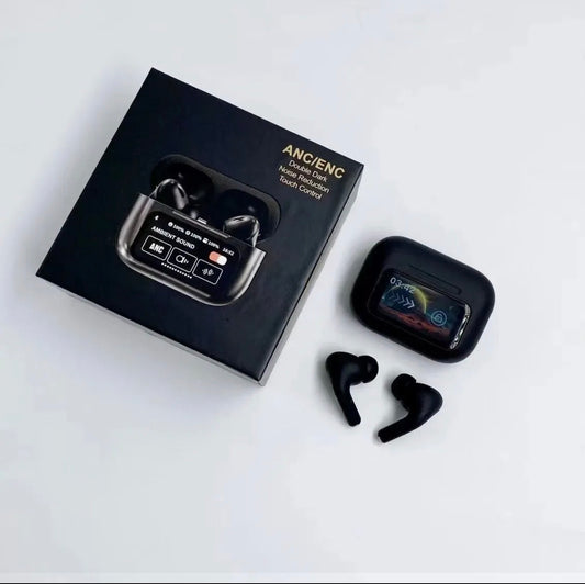 A9 Pro Smart Touch Screen Wireless Earbuds with ANC & ENC β White and Black Edition
