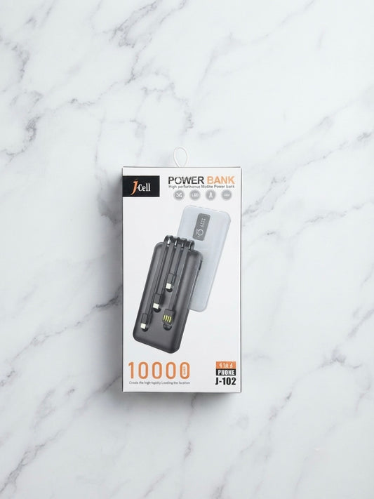 Jcell 10000mAh 4-in-1 Fast Charging Power Bank β Built-in Cables