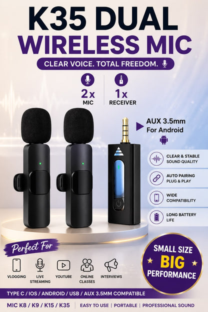 K9 K35 Wireless Microphone – Noise Reduction Collar Mic for Vlogging & Recording