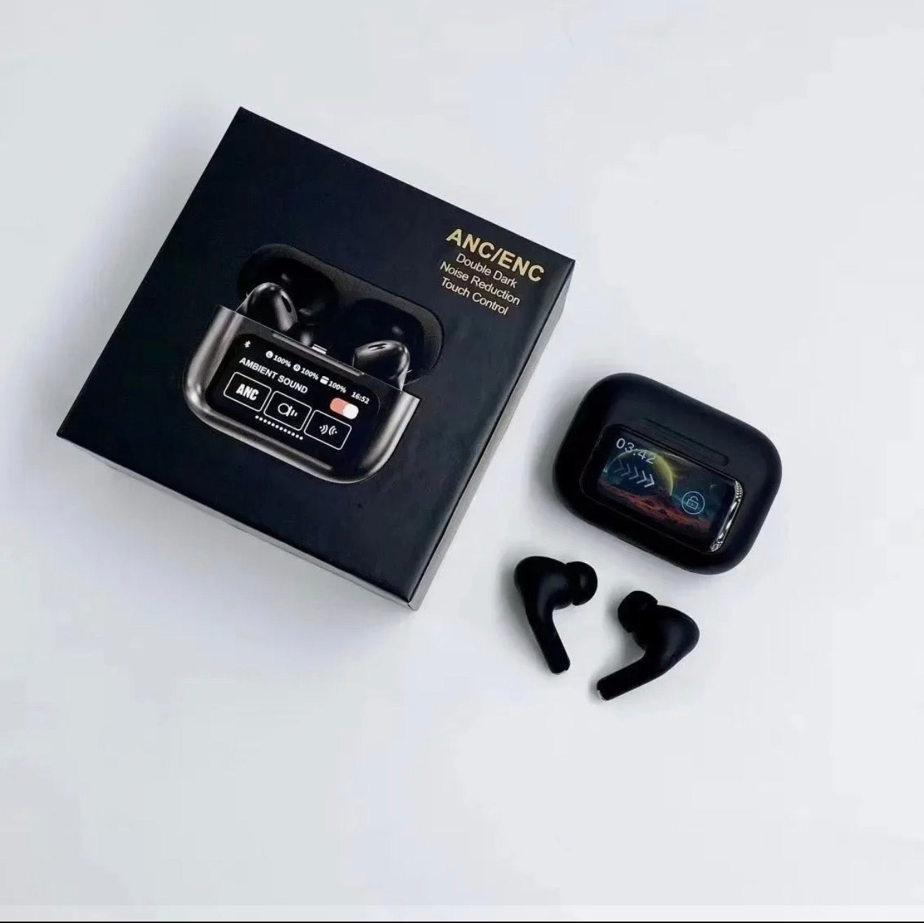 A9 Pro AirPods Black – ANC Wireless Earbuds with Touch Display & Deep Bass
