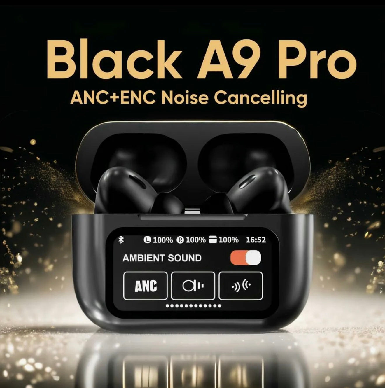 A9 Pro AirPods Black – ANC Wireless Earbuds with Touch Display & Deep Bass